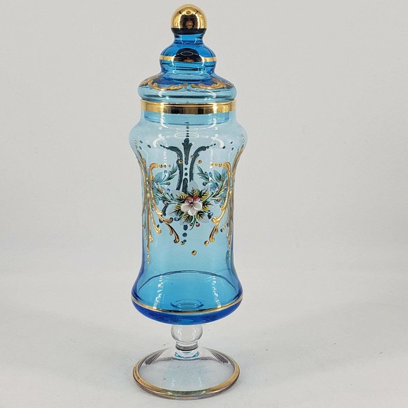 Murano Other - Vintage Murano Blue Gold Enamel Floral Footed Apothecary Jar Vanity Dish w/ Lid